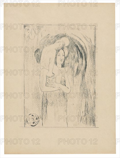 Ia orana Maria (Hail Mary), 1894/95, published Mar. 1895, Paul Gauguin, French, 1848-1903, France, Transfer zincograph on coarse-grained transfer paper, in dark-blue ink on thin ivory wove paper (an imitation Japanese vellum), 380 × 282 mm