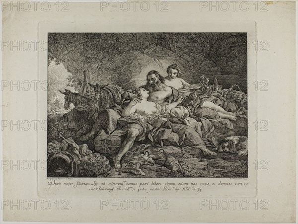Lot and His Daughters, 1748, Joseph Marie Vien, I (French, 1716-1809), after Jean François de Troy (French, 1679-1752), France, Engraving on ivory laid paper, 274 × 379 mm (image), 330 × 413 mm (plate), 417 × 557 mm (sheet)