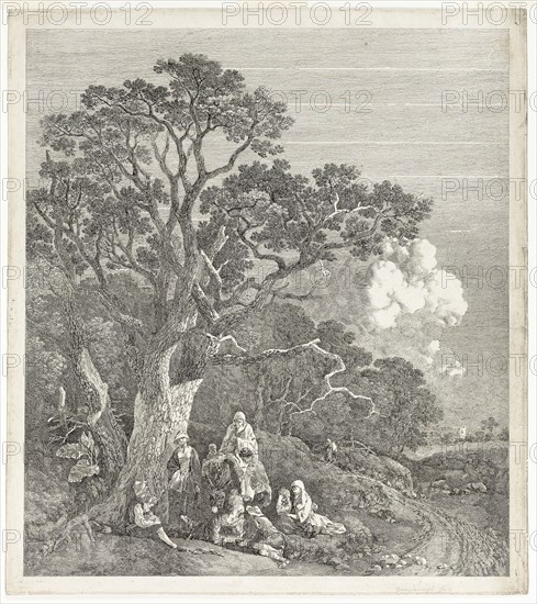 Wooded Landscape with Gypsies Gathered Round a Fire, 1753/54, Thomas Gainsborough, English, 1727-1788, United Kingdom, Etching on ivory wove paper, 471 x 419 mm (image), 505 x 450 mm (sheet)