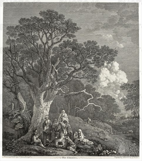 Wooded Landscape with Gypsies Gathered Round a Fire, 1753/54, Thomas Gainsborough, English, 1727-1788, England, Etching on ivory wove paper, 475 × 421 mm (plate), 482 × 421 mm (sheet)