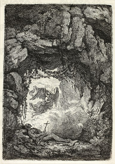 The Death of St. Jerome, 1764, Étienne de Lavallée-Poussin, French, 1735-1802, France, Etching on off-white laid paper, tipped to album sheet, 136 × 96 mm (plate), 139 × 96 mm (sheet)