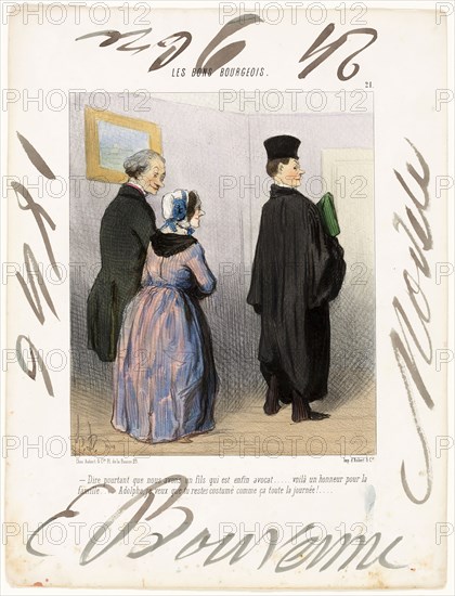 Isn’t it marvellous to have a son who is a lawyer… what an honour for the family… Adolph, I want you to remain dressed like that all day long!…, plate 21 from Les Bons Bourgeois, 1846, Honoré Victorin Daumier (French, 1808-1879), model by Édouard Bouvenne (French, active 19th century), France, Lithograph, with watercolor, heightened with gum arabic on ivory wove paper, 250 × 198 mm (image), 359 × 273 mm (sheet)