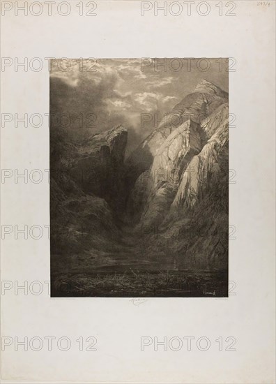 The Alps, from Various Landscape Sites, c. 1851, Alexandre Calame, Swiss, 1810-1864, Switzerland, Lithograph on tan wove paper, on chine collé, laid down on ivory wove paper, 399 x 300 mm (image), 639 x 471 mm (sheet)