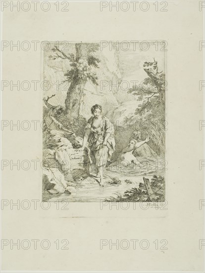 Three Female Bathers, Two in the Water, the Third Getting in by Herself, 1742/89, Johann Heinrich Tischbein, I, German, 1722-1789, Germany, Etching on ivory laid paper, 171 x 132 mm (image), 190 x 137 mm (plate), 288 x 218 mm (sheet)