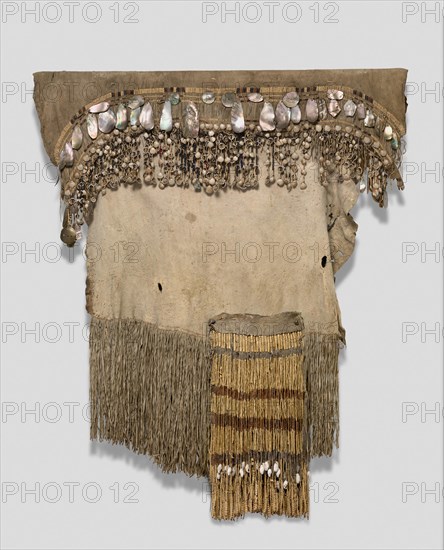 Dance Skirt, 1850/60, Yurok or Hupa, Northern California coast, United States, Northern California, Deer hide, plant fibers, olivella shell, abalone shell, clamshell, glass beads, and brass, 101.6 × 109.2 cm (40 × 43 in.) (folded)