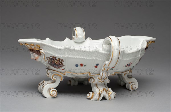 Sauceboat from the Sulkowsky Service, 1735/38, Meissen Porcelain Manufactory, German, founded 1710, Germany, Hard-paste porcelain, polychrome enamels, and gilding, 11.4 × 25.7 × 19.1 cm (4 1/2 × 10 1/8 × 7 1/2 in.)