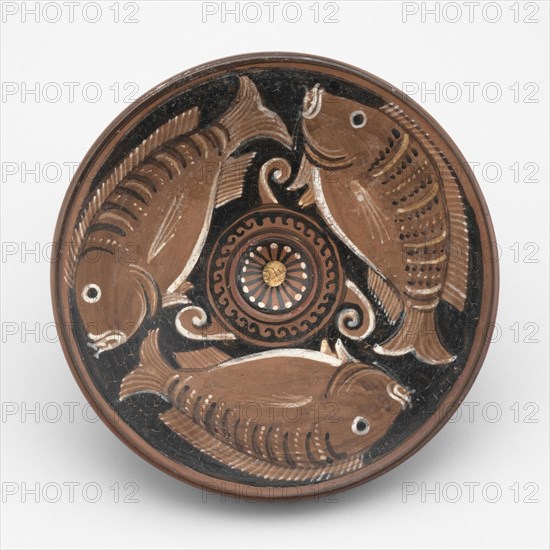 Fish Plate, 350/325 BC, Attributed to the Hippocamp Group, Greek, Canosa, Apulia, Italy, Canosa di Puglia, terracotta, decorated in the red-figure technique, 5 × 21.5 × 21.5 cm (2 × 8 1/2 × 8 1/2 in.)