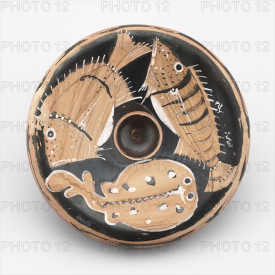 Fish Plate, 350/330 BC, Attributed to the Dotted Stripe Painter, Greek, Campania, Italy, Campania, terracotta, decorated in the red-figure technique, 4.2 × 19.6 × 19.6 cm (1 5/8 × 7 3/4 × 7 3/4 in.)