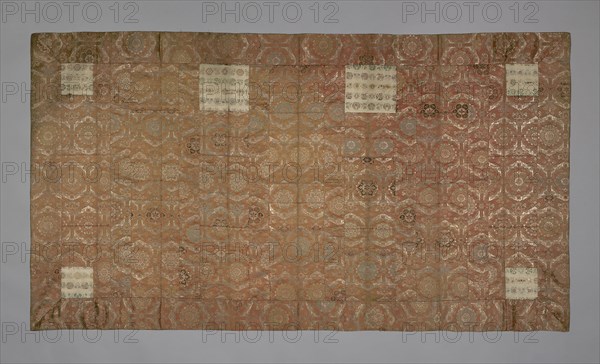 Kesa, Edo period (1615–1868), late 18th century, Japan, Silk and gold-leaf-over-lacquered-paper strip, warp-float faced 2:1 'Z' twill weave with supplementary patterning and brocading wefts bound by main warps in a weft-float faced 1:2 'S' twill interlacing, cords: silk, 2:2 oblique twill interlacing, lined with silk, plain weave, 48 7/8 x 84 1/2 in. (124.1 x 214 cm)