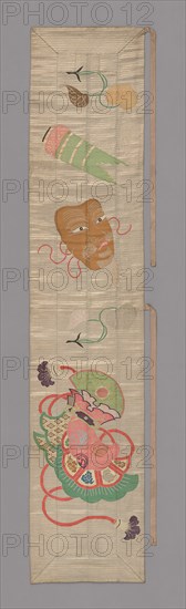 Ôhi (Stole), late Edo period (1789–1868)/ Meiji period (1868–1912), 19th century, Japan, Silk and gold-leaf-over-lacquered-paper strip, warp-float faced 2:1 'z' twill weave with supplementary patterning and brocading wefts bound by main warps in a weft-float faced 1:2 's' twill interlacing, lined with silk, plain weave. Similar in style/design to 2002.622, 167 x 34.5 cm (65 3/4 x 13 5/8 in.)