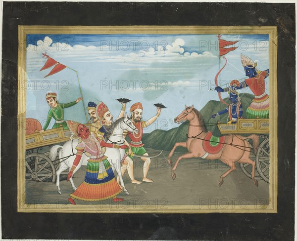 Arjuna Slays Karna, Page from a Mahabharata Series, c. 19th century, Nepal, Nepal, Opaque watercolors on paper, Image: 20.6 x29.3 cm (8 1/8 x 11 1/2 in.), Paper: 28.9 x 35.2 cm (11 3/8 x 13 7/8 in.)