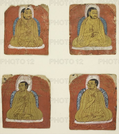 Four Miniature inscribed portraits of four Lamas, 14th century, Tibet, Central Tibet, Central Tibet, Watercolor and gold on paper, Appro×. 3 1/2 × 3 1/4 in.