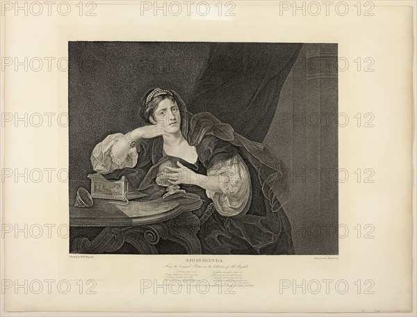 Sigismonda, published June 4, 1795, Benjamin Smith (English, d. 1833), after William Hogarth (English, 1697-1764), published by J. & J. Boydell (English, 1719-1804), England, Engraving in black on tan wove paper, 328 × 416 mm (image), 407 × 446 mm (plate), 474 × 629 mm (sheet)