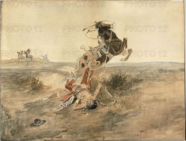 Fallen Indian Warrior, c. 1886, Charles Marion Russell, American, 1865-1926, United States, Watercolor and graphite on cream wove paper, 406 x 535 mm