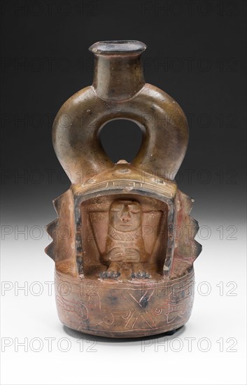 Vessel with Figure Seated Inside a Structure, c. 800 B.C., Chavín, North coast, Peru, North Coast, Ceramic and pigment, 25.4 × 13 × 13 cm (10 × 5 1/8 × 5 1/8 in.)