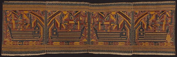 Ceremonial Textile, End of the 19th century, Paminggir people, Indonesia, South Sumatra, Lampung area, Kota Agung (?), Indonesia, Four panels joined, cotton, gilt-metal strip, silvered-paper-strip wrapped silk, plain weave with supplementary patterning and brocading wefts, stitched together with pineapple fiber, 75.2 x 240.7 cm (29 5/8 x 94 3/4 in.)