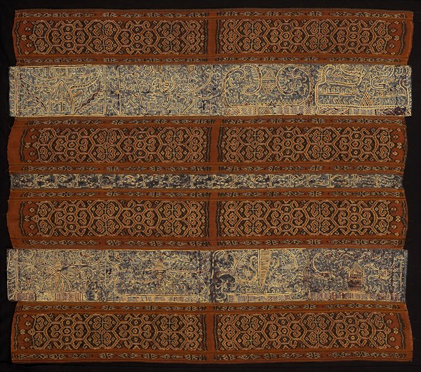 Woman’s Ceremonial Skirt (tapis), 18th century (?), Paminggir people, Indonesia, South Sumatra, Lampung area, Indonesia, Five panels joined: three panels of stripes of silk and cotton, warp resist dyed (warp ikat) plain weave (paired warps), stripes of warp-faced, weft ribbed plain weave with supplementary brocading wefts and one stripe of cotton, plain weave, embroidered with silk in back, double running, stem and surface satin stitches and two panels of cotton, plain weave, embroidered with silk in back, stem and surface satin stitches, 138.6 x 121.8 cm (54 1/2 x 47 7/8 in.)