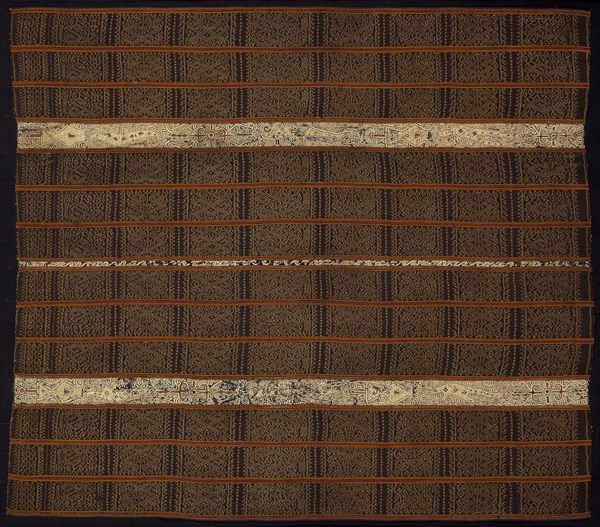 Woman’s Ceremonial Skirt (tapis), 19th century, Paminggir people, Indonesia, South Sumatra, Lampung, Indonesia, Two panels joined: stripes of cotton, warp resist dyed (warp ikat), plain weave with paired warps, cotton and silk, plain weave with supplementary brocading wefts: and stripes of cotton, plain weave embroidered with silk and gold-leaf-over-lacquered-paper-strip wrapped silk in back, chain, stem and surface satin stitches, laidwork and couching, 145.7 x 128.7 cm (57 3/8 x 50 5/8 in.)