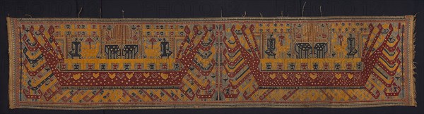 Ceremonial Hanging (palepai), 19th century, Paminggir people, Indonesia, South Sumatra, Lampung area, Kalianda, Indonesia, Cotton, silk, and silver-leaf-over-lacquered-paper-strip-wrapped bast fiber (probably ramie), plain weave with supplementary patterning and brocading wefts, main warp fringe, 290.2 × 66 cm (114 1/4 × 26 in.)