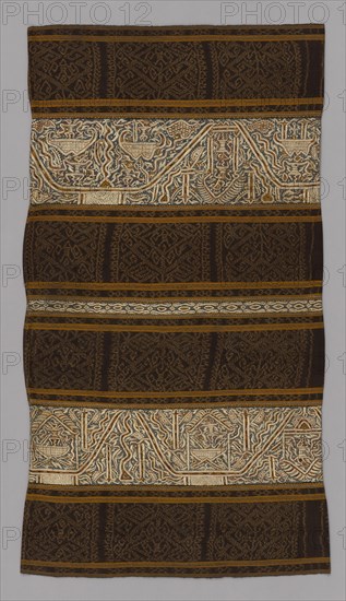 Woman’s Ceremonial Skirt (tapis), 19th century, Paminggir, Indonesia, Sumatra, Lampung, Sumatra, Six panels joined: four panels of stripes of cotton, warp resist dyed (warp ikat), plain weave with paired warps and stripes of cotton and silk warp-faced, weft ribbed plain weave with supplementary brocading wefts and a stripe of cotton, plain weave, embroidered with silk in double running, stem and surface satin stitches and two panels of cotton, plain weave, embroidered with silk in chain, double running, split, and surface satin stitches, mirror pieces, gilt-metal pieces attached with silk, 67 x 117.6 cm (26 3/ 8 x 46 1/4 in.)