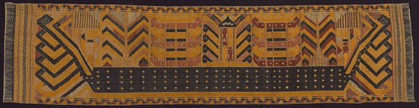 Ceremonial Hanging (palepai), 19th century, Indonesia, Sumatra, Lampung area, Sumatra, Cotton, silk, gold-leaf-over-lacquered-paper strip wrapped bast fiber (probably ramie), and silver-leaf-over-lacquered-paper strip wrapped cotton, plain weave with supplementary brocading wefts, 246.3 x 60.8 cm (97 x 23 7/8 in.)