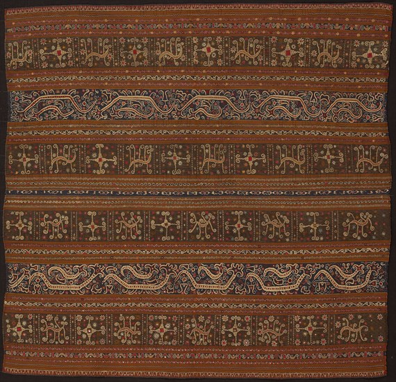 Ceremonial Skirt (tapis), Early 19th century, Abung people, Indonesia, South Sumatra, northern Lampung area, Monggala, Indonesia, Two panels joined: cotton and silk, stripes of warp-faced, weft ribbed plain weave, warp-faced, weft ribbed plain weave with supplementary brocading wefts, and warp resist dyed (warp ikat) plain weave with supplementary brocading wefts, appliquéd with wool, plain weave, embroidered with silk, cotton, pineapple fiber, silver-leaf-over-lacquered-paper strip wrapped cotton and silver-leaf-over-lacquered-paper strip wrapped bast fiber (probably ramie) in buttonhole, double running, split, stem, straight and surface satin, laidwork and couching, embellished with metal-backed glass mirrors, 110.5 x 113.7 cm (43 1/2 x 44 3/4 in.)