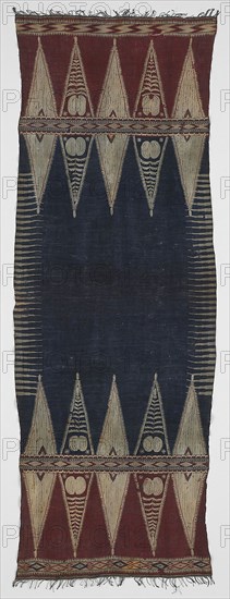 Shoulder Cloth (?), End of the 19th century, Komering (?), Indonesia, South Sumatra, Lampung area, Indonesia, Cotton, bands of plain weave, of plain weave embroidered with cotton in chain, double running, eyelet hole and satin stitches, of plain weave with supplementary patterning and brocading wefts, of single interlocking tapestry weave, of weft twining, of weft resist dyed (weft ikat) plain weave, plied knotted warp fringe, 183 x 63.5 cm (72 x 25 in.)