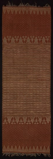 Ceremonial Shoulder Cloth, 19th century (?), Indonesia, Bali, Bali, Silk, cotton, bast fiber, and gold-leaf-over-lacquered-paper-wrapped silk and gold-paper-wrapped bast fiber (probably ramie), bands of weft resist dyed (weft ikat) plain weave and plain weave with supplementary brocading wefts, attached fringe of silk and silver-paper-wrapped silk, and gold-paper-wrapped bast fiber (probably ramie), wrapped and knotted cut fringe, 64 × 189 cm (25 1/4 × 74 3/8 in.)