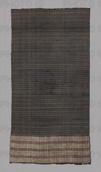 Ceremonial Textile, 19th century, Indonesia, Bali, Buleleng, Bali, Cotton, silk, and gold-leaf-over-lacquered-paper-strip-wrapped bast fiber (probably ramie), bands of plain weave, main warp fringe, 144.4 × 74.3 cm (56 7/8 × 29 1/4 in.)