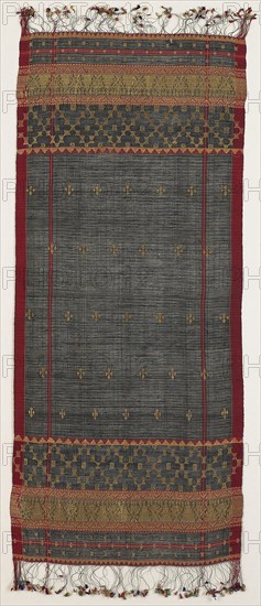 Shoulder or Head Cloth (selendang), 19th century, Minangkabau people, Indonesia, West Sumatra, Tanjung Sungayang area, Sumatra, Silk, cotton, and gold-leaf-over-lacquered-paper-strip-wrapped silk, plain weave with supplementary patterning and brocading wefts, plied main warp fringe terminating in knotted silk, cut tassels, 166.4 x 71.8 cm (65 1/2 x 30 3/4 in.)