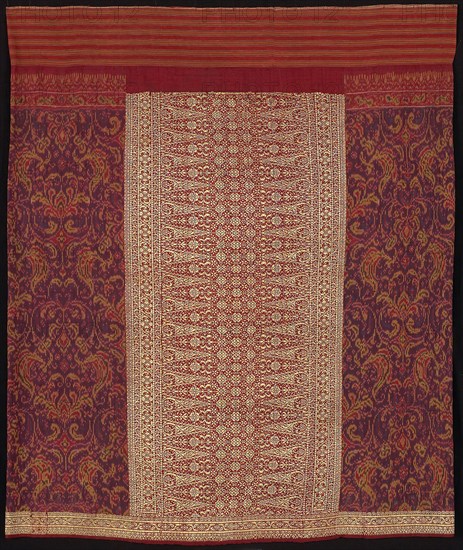 Sarong (sarong limar), 19th century, Indonesia, Bangka, Indonesia, Silk and gold-leaf-over-lacquered-paper-strip-wrapped silk, weft resist dyed (weft ikat), plain weave with supplementary brocading wefts, attached waistband of cotton, warp-stripe plain weave, 98.1 x 116.2 cm (38 5/8 x 45 3/4 in.)