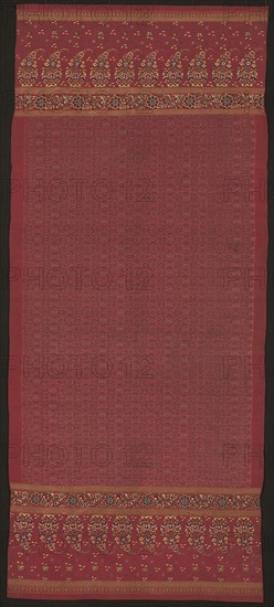 Shoulder Cloth (selendang limar), End of the 19th century, Indonesia, South Sumatra, Palembang area, Indonesia, Silk and gold-leaf-over-lacquered-paper-strip-wrapped silk, weft resist dyed (weft ikat), plain weave with supplementary patterning wefts, embroidered with silk in satin, single satin, and stem stitches, embellished with gold spangles, 208 x 90 cm (81 7/8 x 35 3/8 in.)