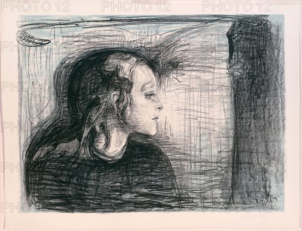 The Sick Child I, 1896, Edvard Munch (Norwegian, 1863-1944), printed by Auguste Clot (French, 1858-1936), Norway, Transfer lithograph printed from two stones in pale blue and black ink on ivory wove paper, 420 × 572 mm (image), 483 × 635 mm (sheet)