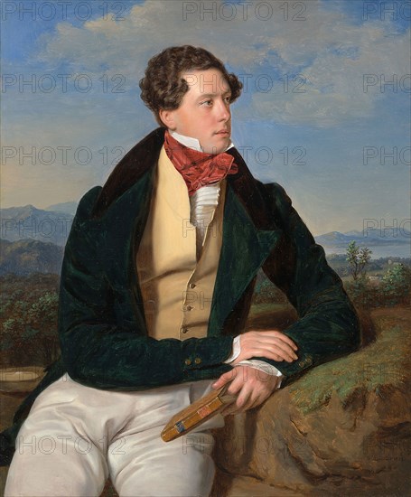The Actor Maximilian Korn in a Landscape, 1828, Ferdinand Georg Waldmüller, Austrian, 1793-1865, Austria, Oil on panel, 31.5 × 26 cm (12 3/8 × 10 1/4 in.)