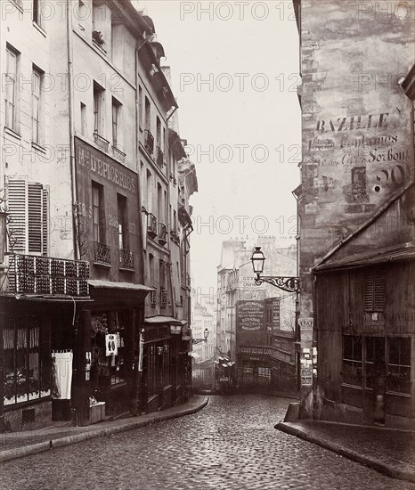 Rue de la Montagne-Sainte-Geneviève near the Intersection of Rue LaPlace (Rue de la Montagne-Sainte-Geneviève prés de carrefour de la rue LaPlace), 1865/69, Charles Marville, French, 1813–1879, France, Albumen print, 31.6 × 26.9 cm (image/paper), 38.7 × 33.4 cm (first mount), 60 × 42.8 cm (second mount)