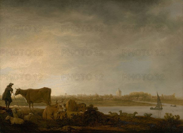 A View of Vianen with a Herdsman and Cattle by a River, c. 1643/45, Aelbert Cuyp, Dutch, 1621–1691, Dordrecht, Oil on panel, 15 3/4 × 21 5/8 in. (40 × 55 cm)
