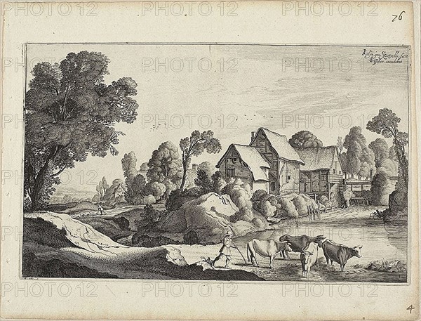 Herd of Cattle at a Ford Near a Watermill, 1646, Jan van de Velde II (Dutch, c. 1593-1641), after Pieter de Molijn (Dutch, 1595-1661), Holland, Engraving on cream laid paper, 207 x 338 mm (image/plate), 277 x 363 mm (sheet)