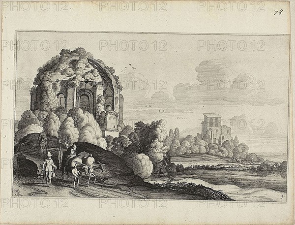 Travellers in Front of the Minerva Medica Temple in Rome, c. 1646, Jan van de Velde II (Dutch, c. 1593-1641), after Pieter de Molijn (Dutch, 1595-1661), Holland, Engraving on cream laid paper, 219 x 342 mm (image/plate), 278 x 362 mm (sheet)