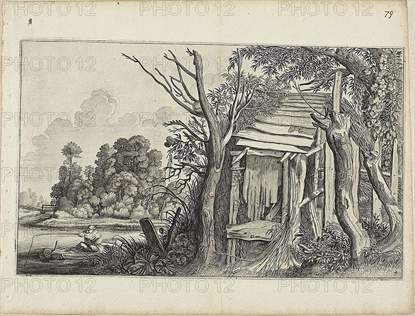 Dilapidated Hut, Plate 4 from Landscapes, c. 1646, Jan van de Velde II (Dutch, c. 1593-1641), after Pieter de Molijn (Dutch, 1595-1661), Holland, Engraving in black on cream laid paper, 207 x 339 mm (image/plate), 277 x 362 mm (sheet)