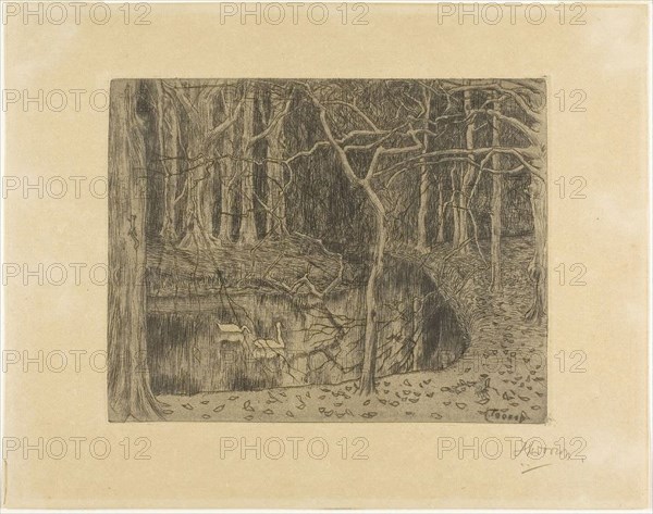 Woodland with a Pond and Swans, 1897, Jan Toorop, Dutch, 1858-1928, Holland, Drypoint on cream vellum paper, 158 x 201 mm (plate), 232 x 294 mm (sheet)