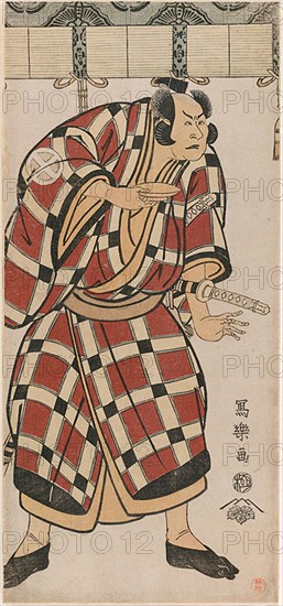 The actor Otani Hiroji III as Hata no Taizan Taketora, 1794, Toshusai Sharaku ??? ??, Japanese, active 1794-95, Japan, Color woodblock print, left sheet of hosoban triptych (right: 1928.1061, center: 1928.1062), 31.1 x 14.1 cm