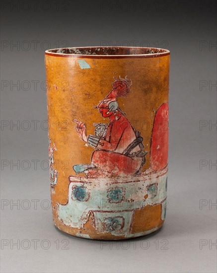 Vase Depicting a Courtly Scene, A.D. 600/800, Late Classic Maya, Petén region, Guatemala, Guatemala, Earthenware, slip, stucco, and pigment, 19.1 x 15.9 cm (7 1/2 x 6 1/4 in.)