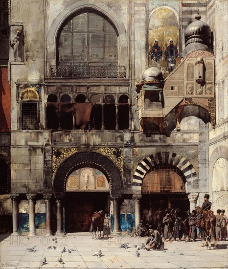 Circassian Cavalry Awaiting their Commanding Officer at the Door of a Byzantine Monument, Memory of the Orient, 1880, Alberto Pasini, Italian, 1826-1899, Italy, Oil on canvas, 25 1/2 × 21 1/2 in. (64.7 × 54.6 cm)