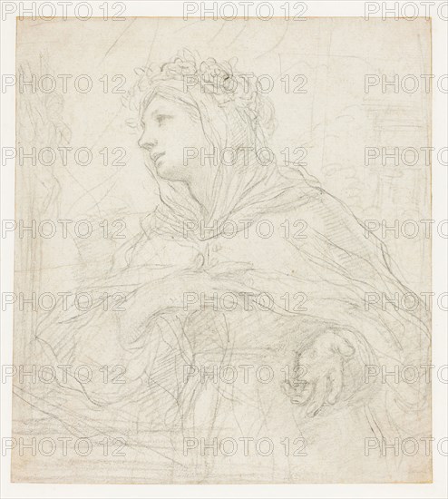 Study of Santa Rosalia of Palermo, 1659/64, Ciro Ferri (Italian, 1634-1689), influenced by Baldassare Franceschini, called Il Volterrano (Italian, 1611-1690), Italy, Black chalk with smudging on ivory laid paper, 204 x 185 mm