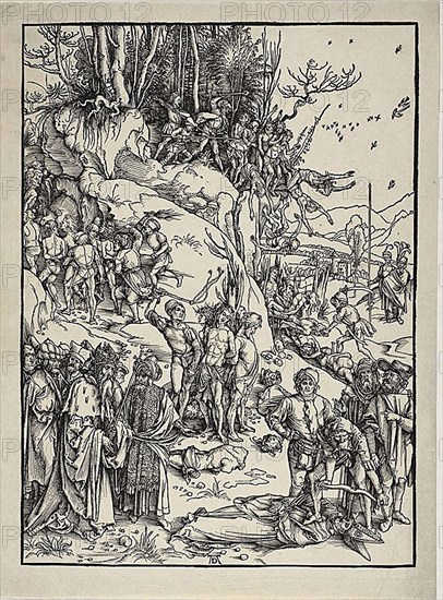 The Martyrdom of the Ten Thousand, c. 1496, Albrecht Dürer, German, 1471-1528, Germany, Woodcut in black on ivory laid paper, 392 x 285 mm (image), 430 x 319 mm (sheet)