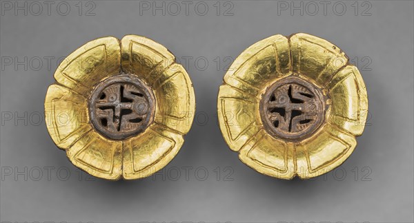 Flower-Shaped Ear Ornaments, 1400/1500, Aztec (Mexica), Tenochtitlan, Mexico, Mexico, Ceramic and gold foil, Each 5.7 × 2.9 cm (2 1/4 × 1 1/8 in.)