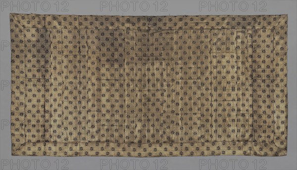 Kesa, late Edo period (1789–1868), 1801/44, Japan, Silk and gold-leaf-over-lacquered-paper strip, warp-float faced 2:1 ‘Z’ twill weave with weft-float faced 1:2 ‘Z' twill interlacings of secondary binding warps and supplementary patterning wefts,  lined with silk, plain weave, 110.8 x 214.9 cm (43 5/8 x 84 5/8 in.)