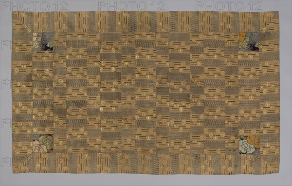 Kesa, late Edo period (1789–1868)/ Meiji period (1868–1912), 1844/80, Japan, Heri, jô, yô: silk and gold-leaf-over-lacquered-paper-strip, warp-float faced 2:1 ‘Z’ twill weave with weft-float faced 1:2 ‘Z’ twill interlacings of secondary binding warps and supplementary patterning wefts, shiten, niten: silk and gold-leaf-over-lacquered-paper-strip, warp-float faced 2:1 ‘S’ twill weave with supplementary patterning wefts, some bound in weft-float faced 1:2, and 1:5 ‘S’ twill interlacings, lining: silk, plain weave self-patterned by rows of 1:1 plain gauze crossings, 115.7 x 191.8 cm (45 9/16 x 75 1/2 in.)