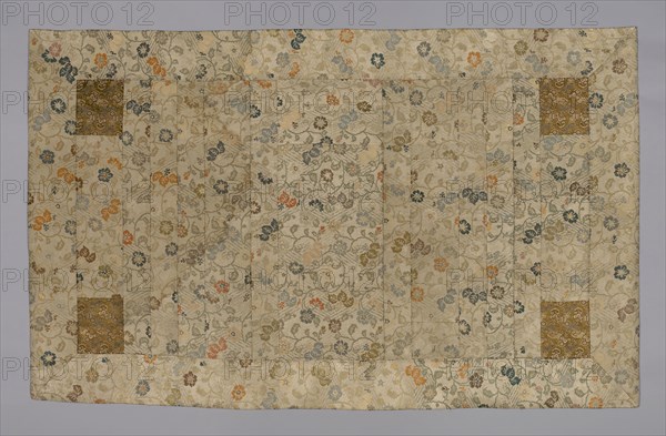 Kesa, Meiji period (1868–1912), 1868/1900, Japan, Hiri, yô, jô: silk and gold-leaf-over-lacquered-paper strip, warp-float faced 2:1 ‘Z’ twill weave with weft-float faced 1:2 ‘Z’ twill interlacings of secondary binding warps and supplementary patterning wefts;, 112.4 x 184.1 cm (44 1/4 x 72 1/2 in.)