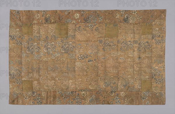 Kesa, late Edo period (1789–1868), 1792, Japan, Hiri, yô, jô: silk and gold-leaf-over-lacquered-paper strip, warp-float faced 4:1 satin weave with weft-float faced 1:2 ‘Z’ twill interlacings of secondary binding warps and supplementary patterning wefts, shiten and niten: silk, plain weave with supplementary patterning wefts, 108.6 x 178.1 cm (42 3/4 x 70 1/8 in.)